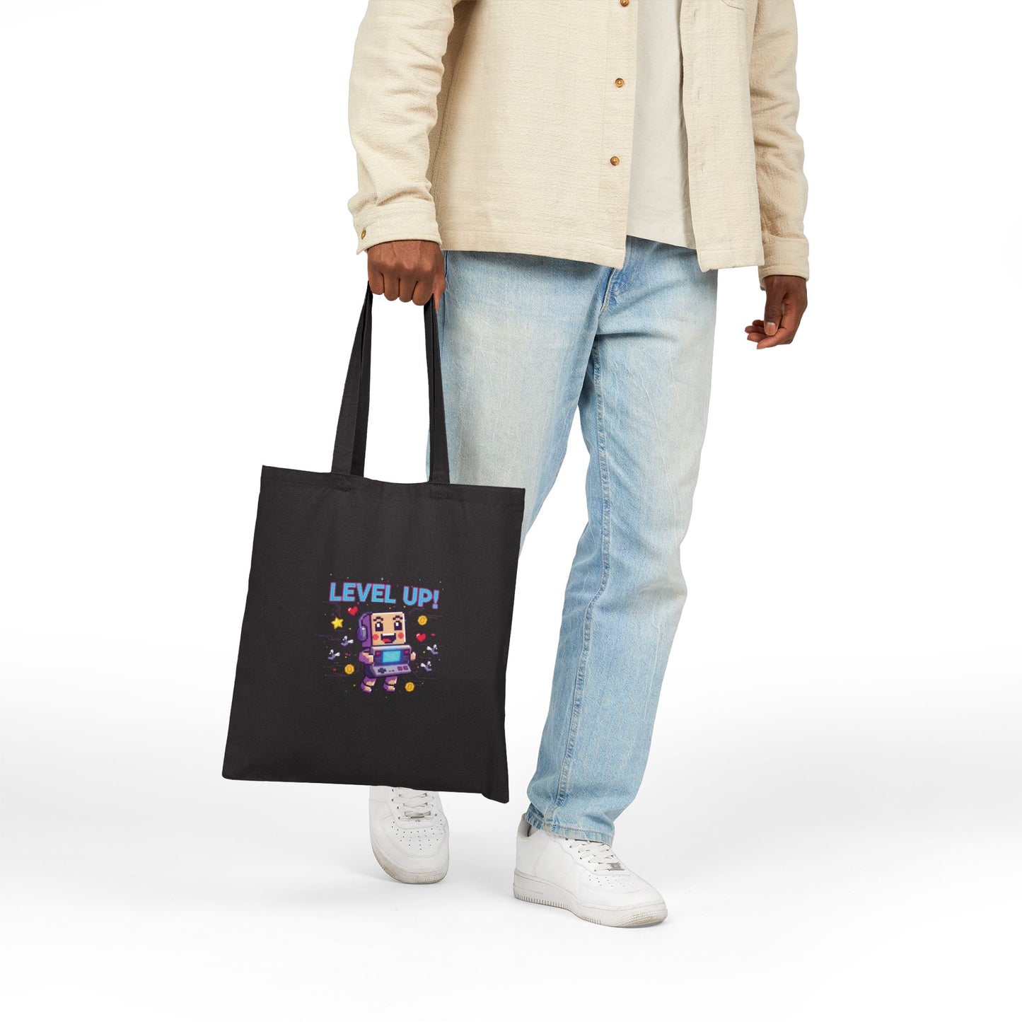 Level Up! Pixel Robot Tote | Gaming & Retro Pixel Art