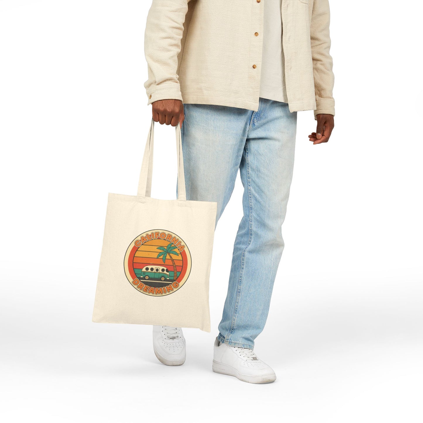 70s Sunset Surf Van Tote | Retro Palm Golden Hour Canvas