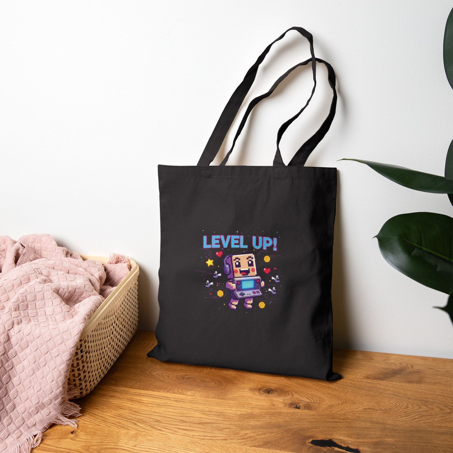 Level Up! Pixel Robot Tote | Gaming & Retro Pixel Art