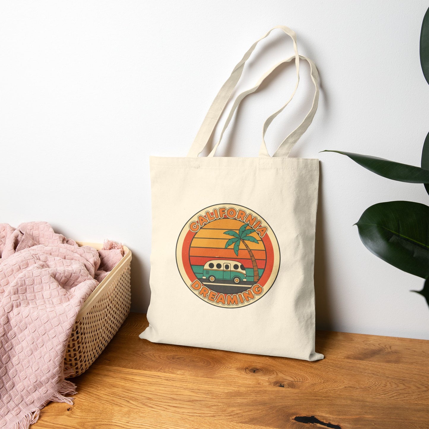 70s Sunset Surf Van Tote | Retro Palm Golden Hour Canvas