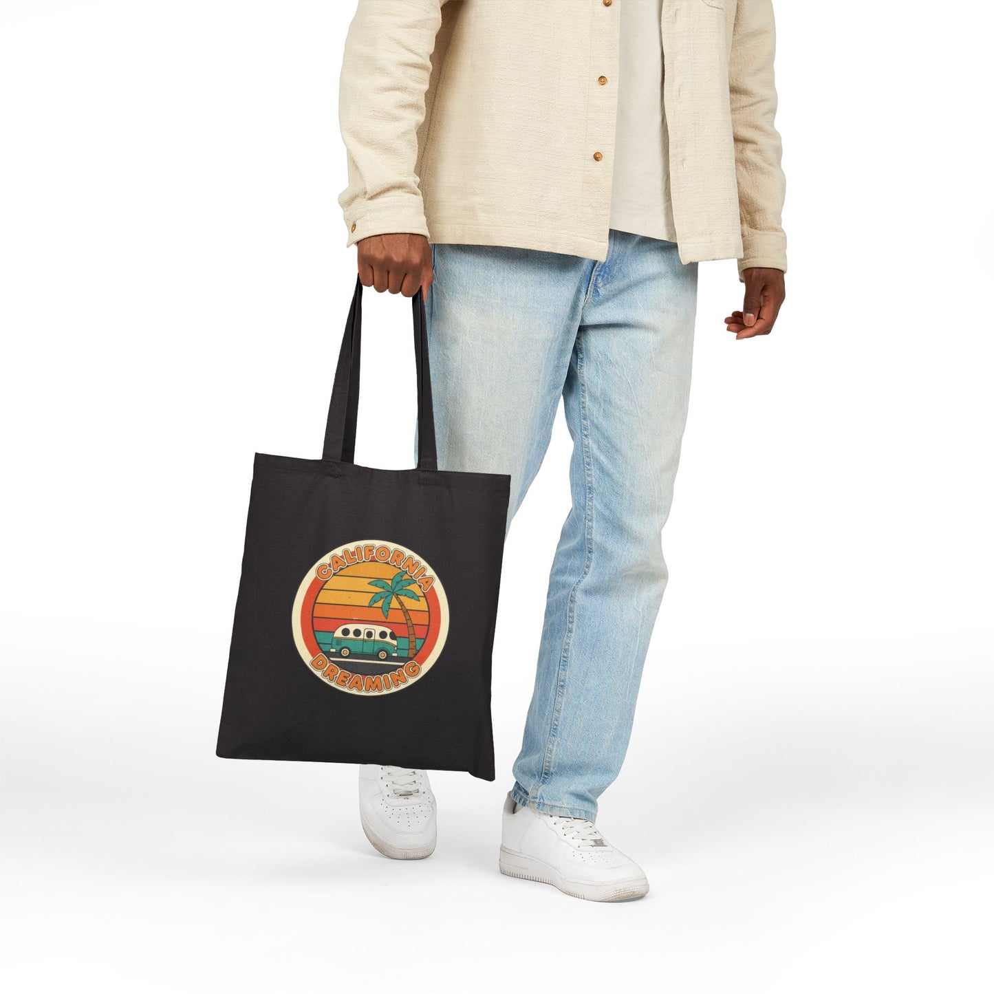 70s Sunset Surf Van Tote | Retro Palm Golden Hour Canvas