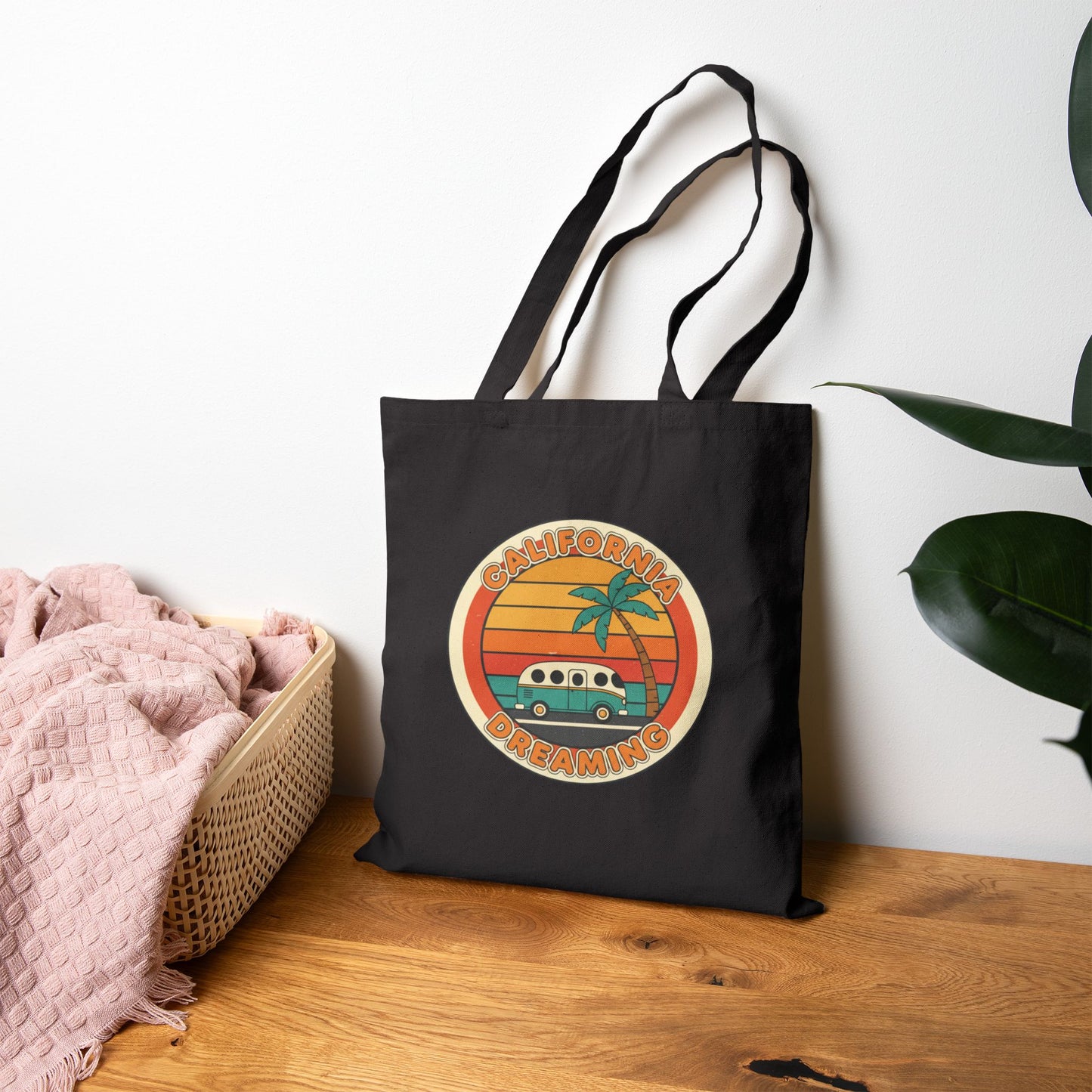 70s Sunset Surf Van Tote | Retro Palm Golden Hour Canvas