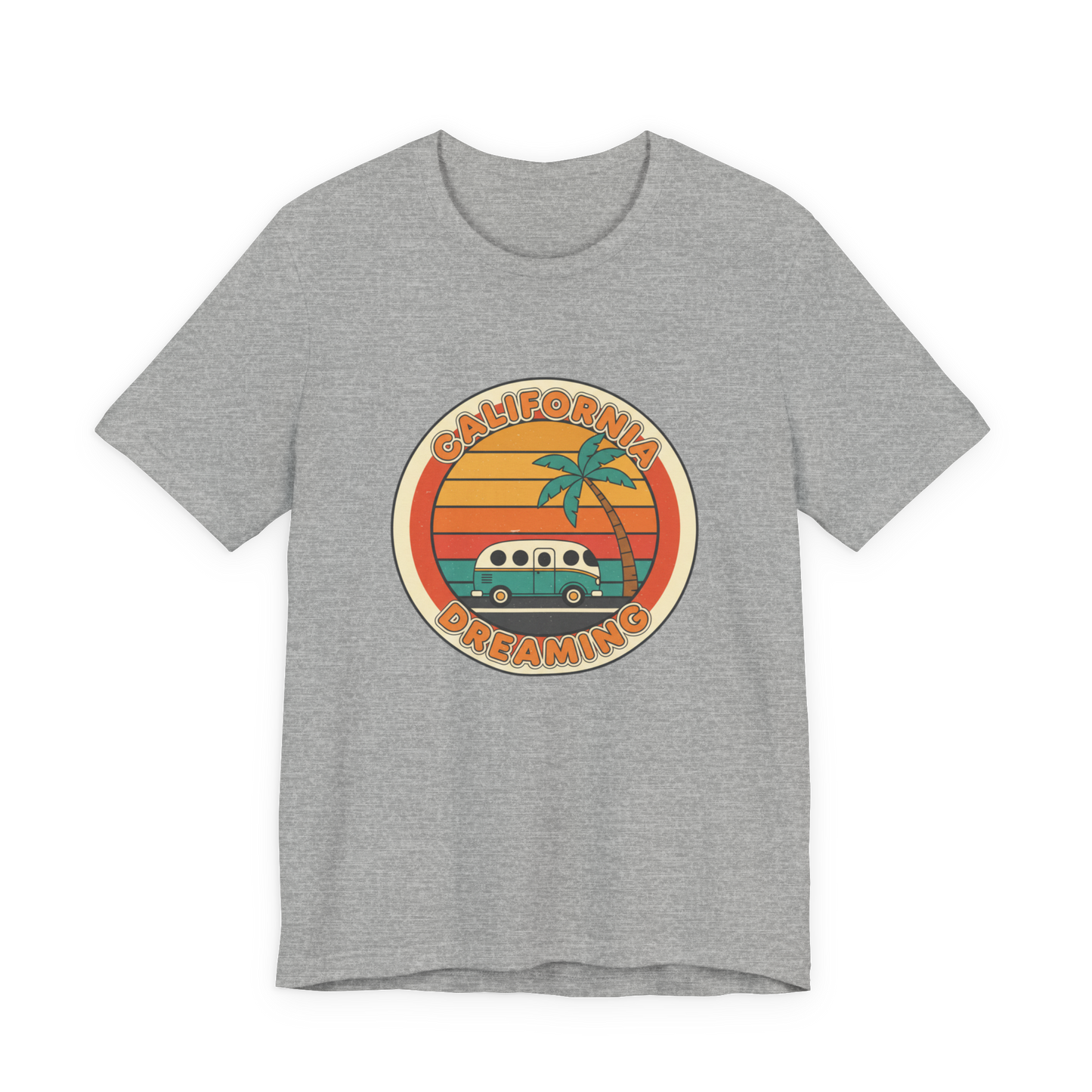 Sunset Van Surf Graphic Tee | 70s Retro Palm, golden hour postcard design