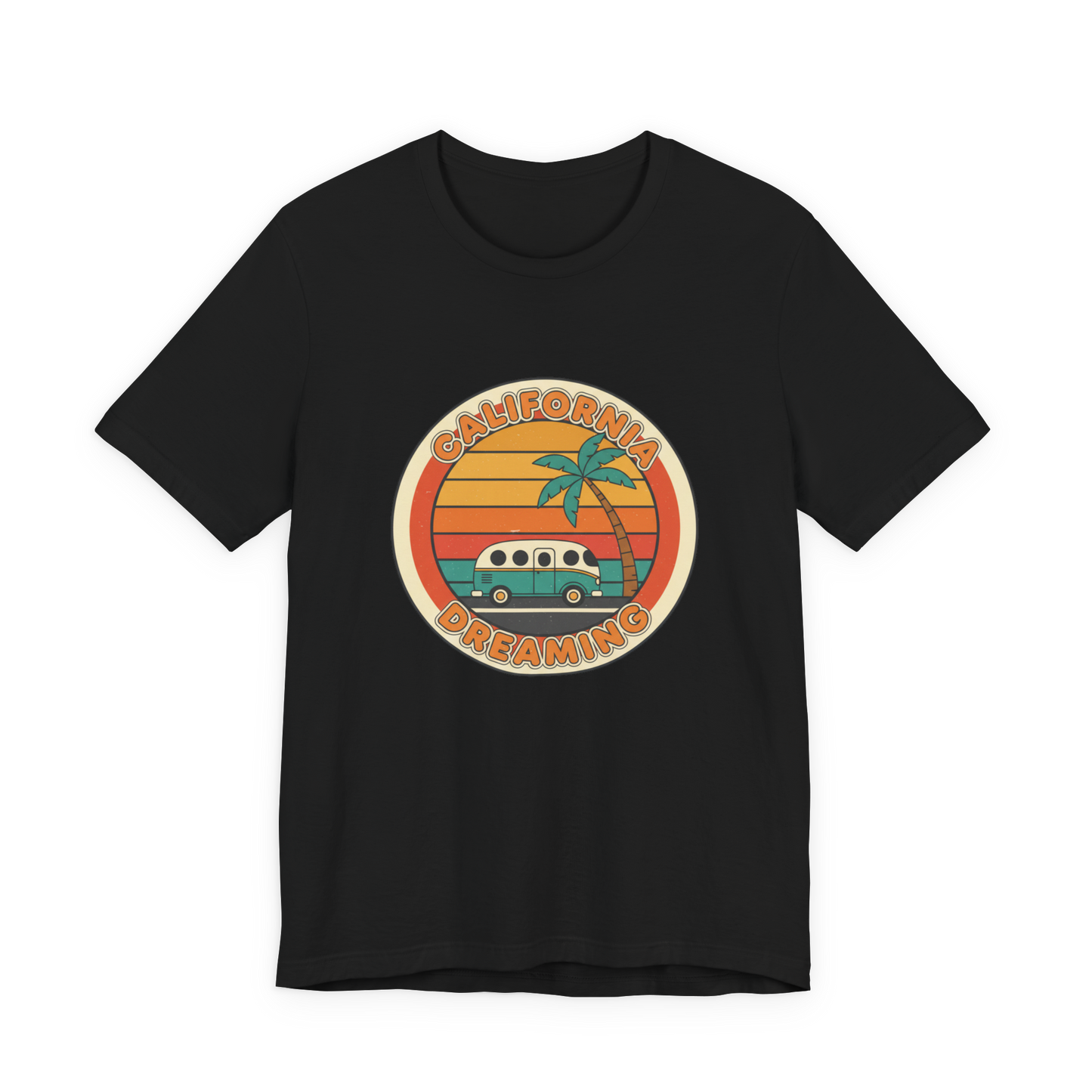 Sunset Van Surf Graphic Tee | 70s Retro Palm, golden hour postcard design