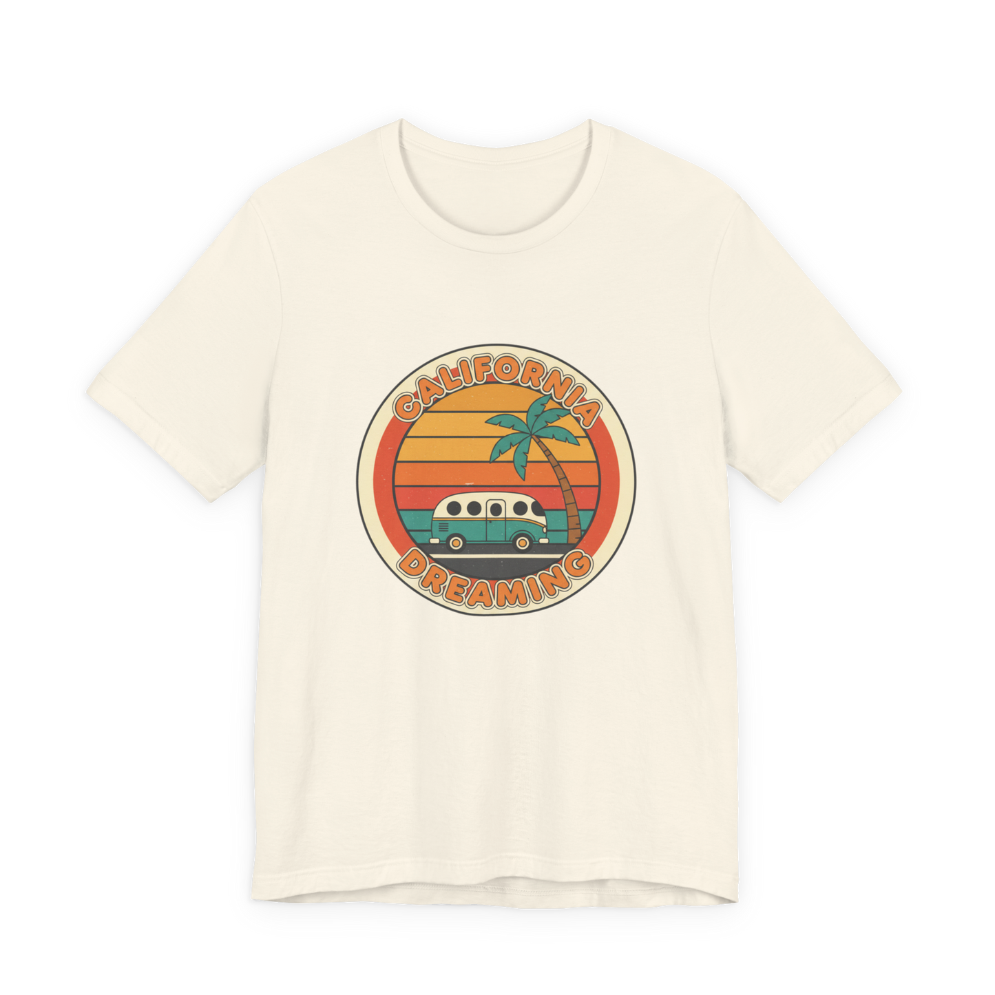 Sunset Van Surf Graphic Tee | 70s Retro Palm, golden hour postcard design